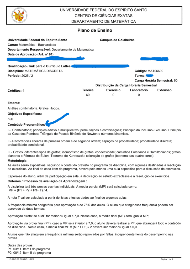 Ementa do curso Matemática Discreta, que possui a dedução da fórmula de combinação simples como um objetivo pequeno.