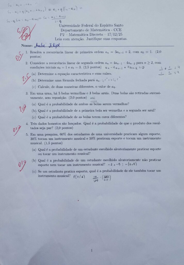 Minha P2 de Recorrência e Probabilidade.