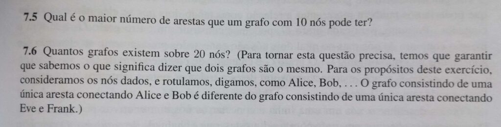 1 exercício para calcular quantas arestas um grafo com 10 vértices pode ter e outro pra determinar quantos grafos com 20 vértices existem.